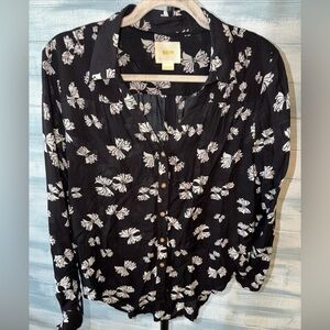 Maeve Anthropologie Black White Floral Button Front Blouse Women 4 Hi Low Hem